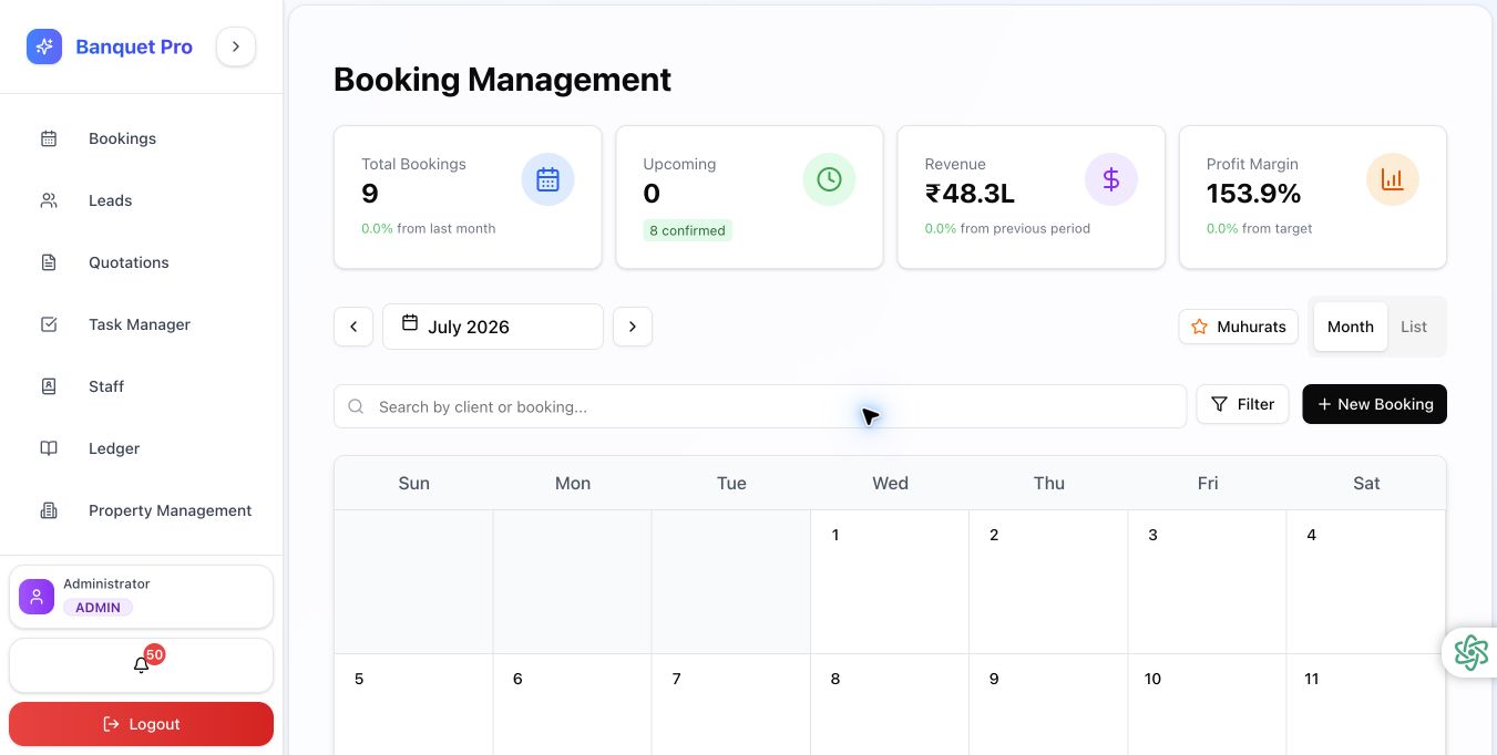 BanquetPro booking management dashboard with revenue summary and calendar